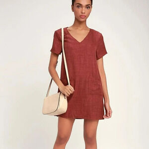 Lulus Poppy Rusty Rose V Neck Mini Shift Dress, Pockets, Size‎ Small